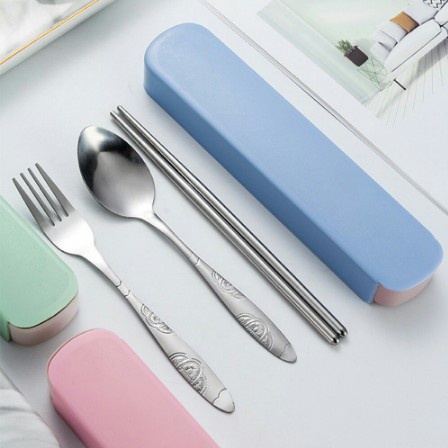 STV Set Alat Makan Travel Korea Kotak Sendok Garpu Sumpit Stainless Steel Cutlery Box 3in1 Travelling