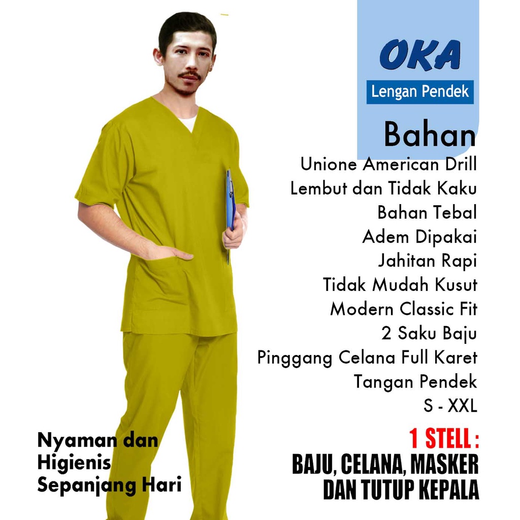 Setelan Baju ok lengan pendek, Oka American Dril, Pakaian Kerja Perawat, Scrub Dokter, Baju Perawat, Unisex