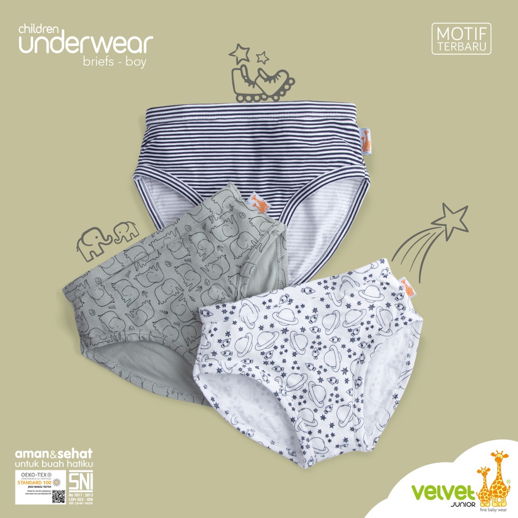 Velvet Junior Brief Boy Series (3pcs) / Pakaian Dalam Anak / UnderWear / Boxer Anak / Celana Dalam Anak