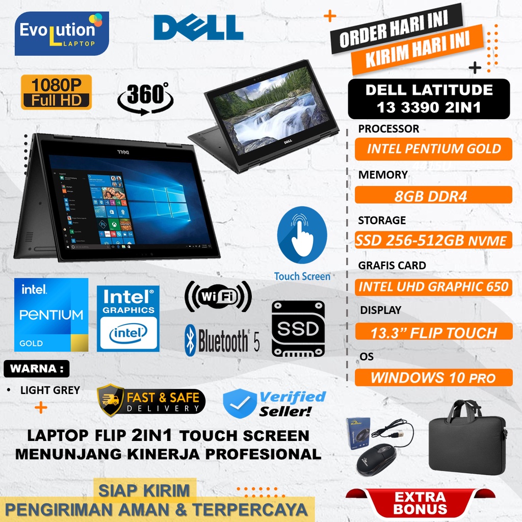 Laptop 2in1 DELL LATITUDE 13 3390 2IN1 INTEL PENTIUM GOLD 4415U Ram 8GB 512GB FHD Black