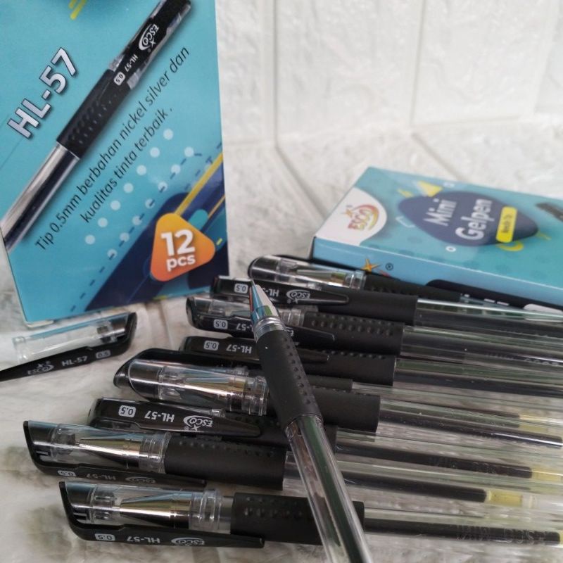 

(1 lusin 12 pcs) Pulpen Gel Esco Mini 0.5 mm Ballpoint Tinta Hitam Murah Grosir Lusin