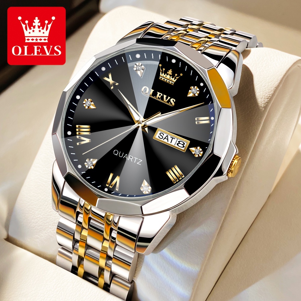 OLEVS Jam Tangan Pria Original Anti Air Tahan Luminous Hitam Stainless Steel Watch Men Quartz Jam Couple