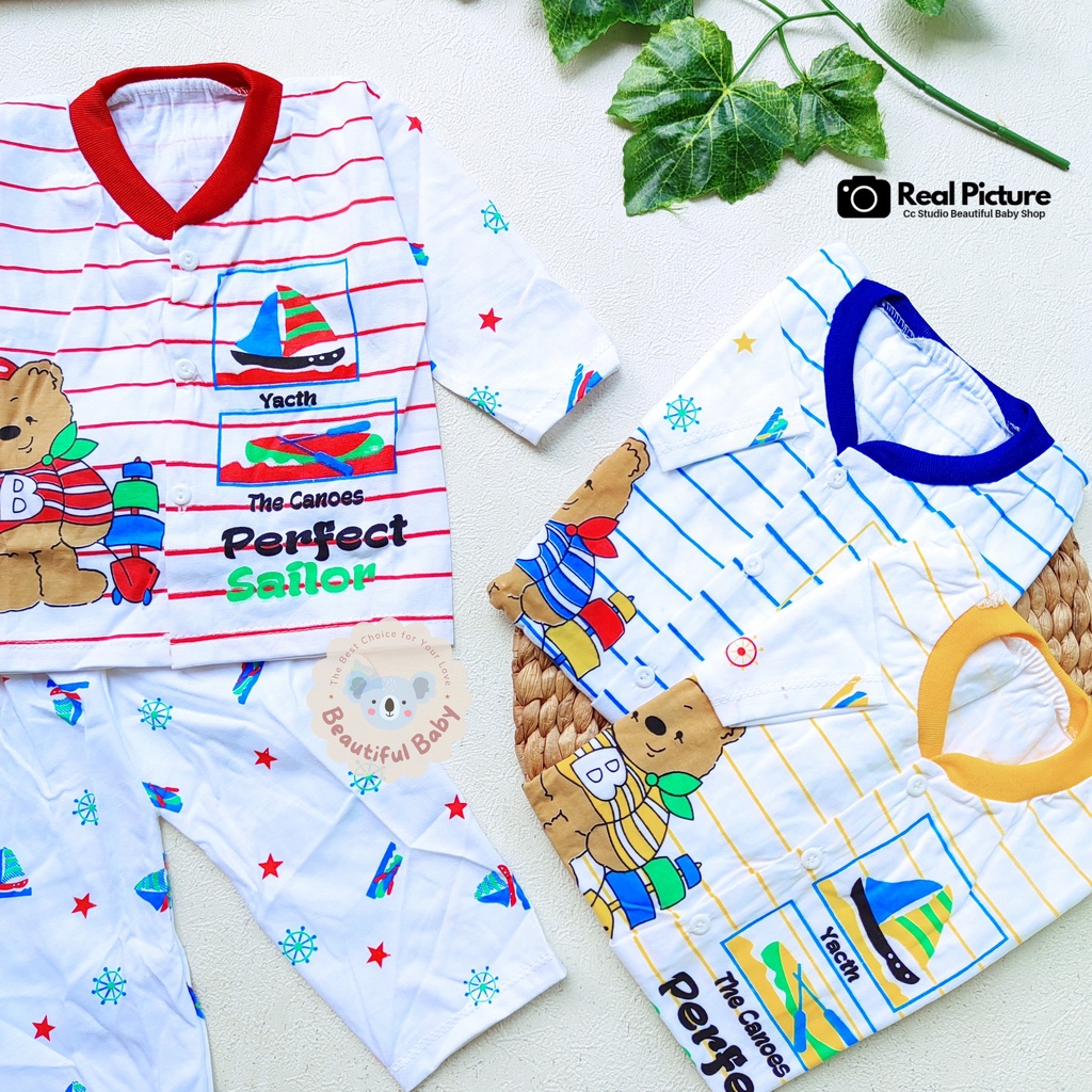 Setelan Piyama Baju Bayi Kancing Depan Usia 3-12 Bulan Motif Sailor / Piyama Bayi Laki-laki / Baju Tidur Bayi / Kaos Oblong Bayi &amp; Anak Kancing Pundak / Baby.ou