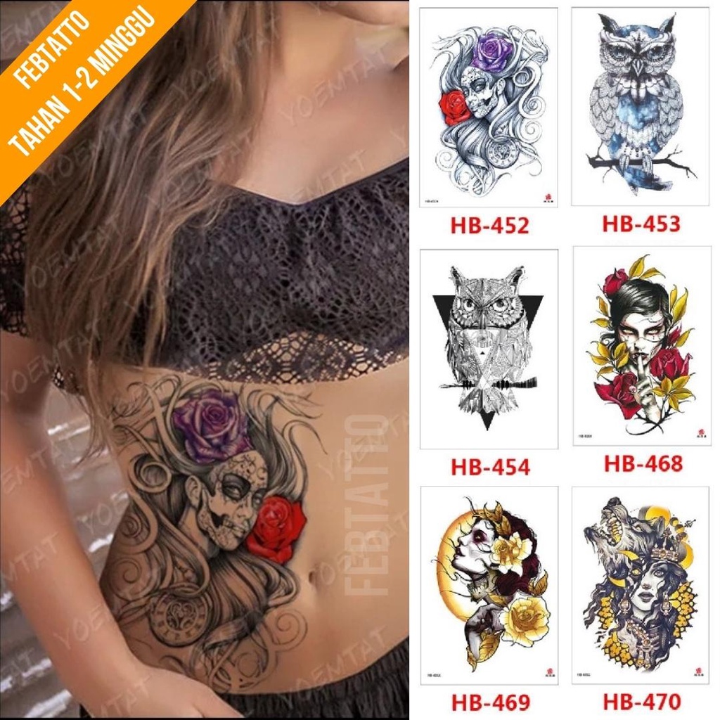 Tato Temporer Ukuran 21cmx15cm Motif Aesthetic Tatto Temporary Stiker Tato Halal Grosir Tato air motif perempuan, burung hantu, bunga, serigala HB 452