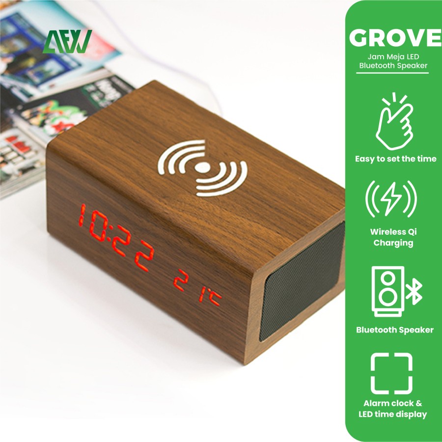 GROVE Jam Meja LED Bluetooth Speaker Digital Clock Wireless Charging