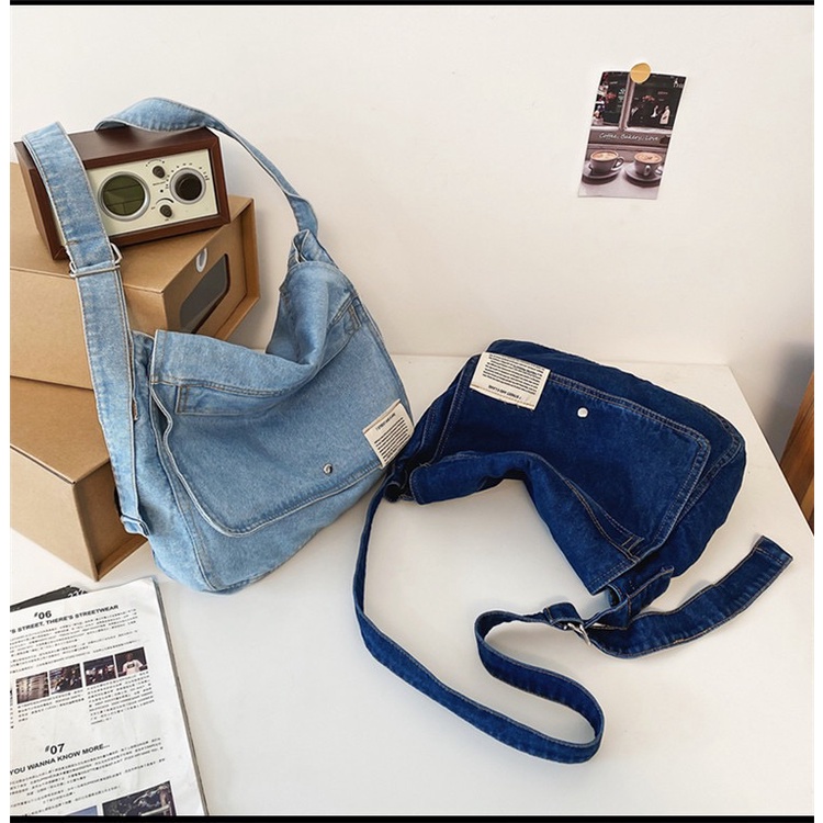 Keno Denim Korean Jeans Slingbag Kasual Plain Unisex -Tas Wanita Pria Casual Import Medium size Streetstyle