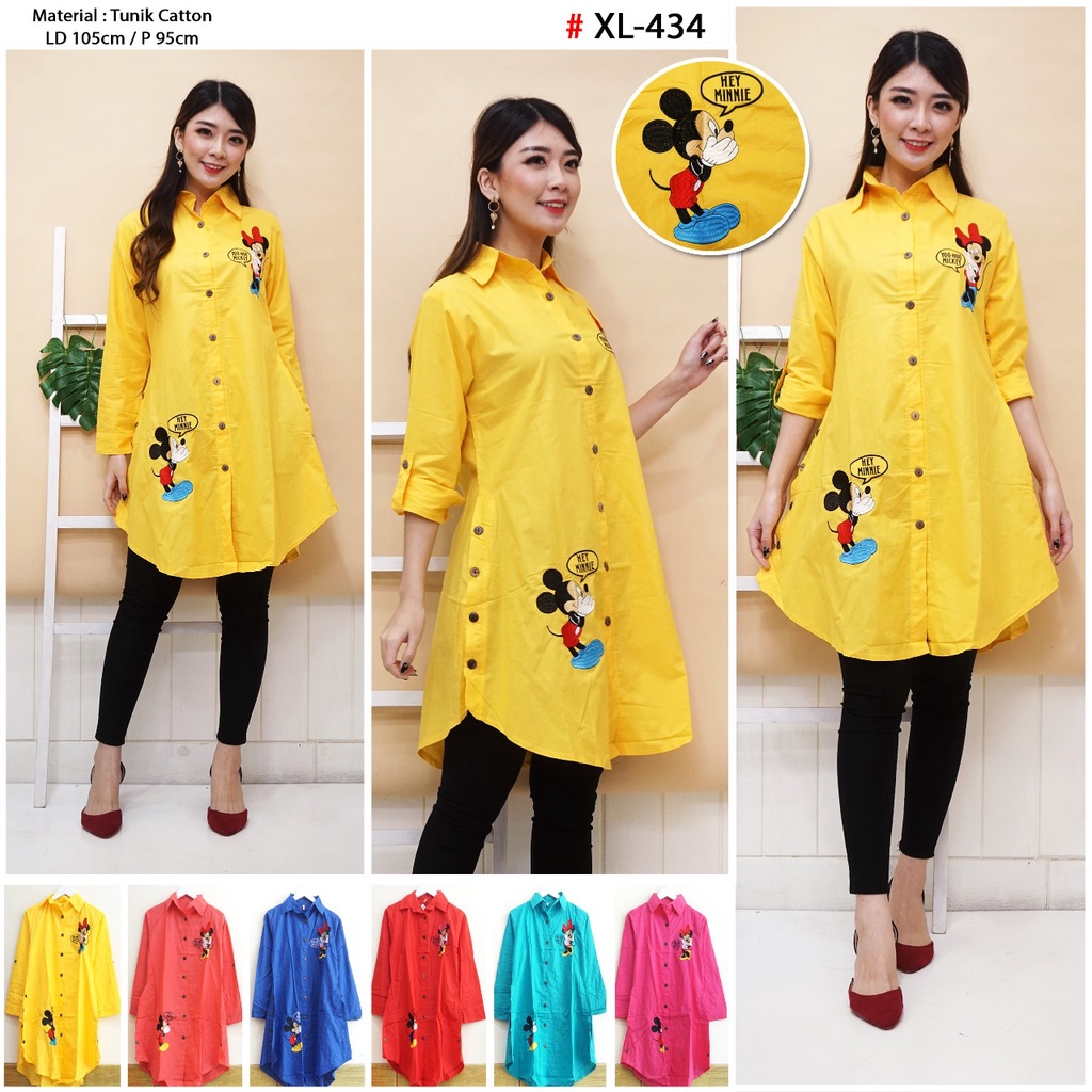 Baju Tunik wanita Bordir Gambar Mickey Mouse Bahan Katun Ukuran XL