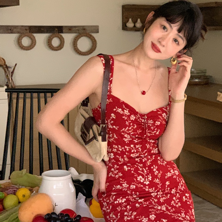 Red Layu beras wanita bagian panjang merah bunga suspender pinggang gaun wanita musim semi Perancis retro tas pinggul rok panjang