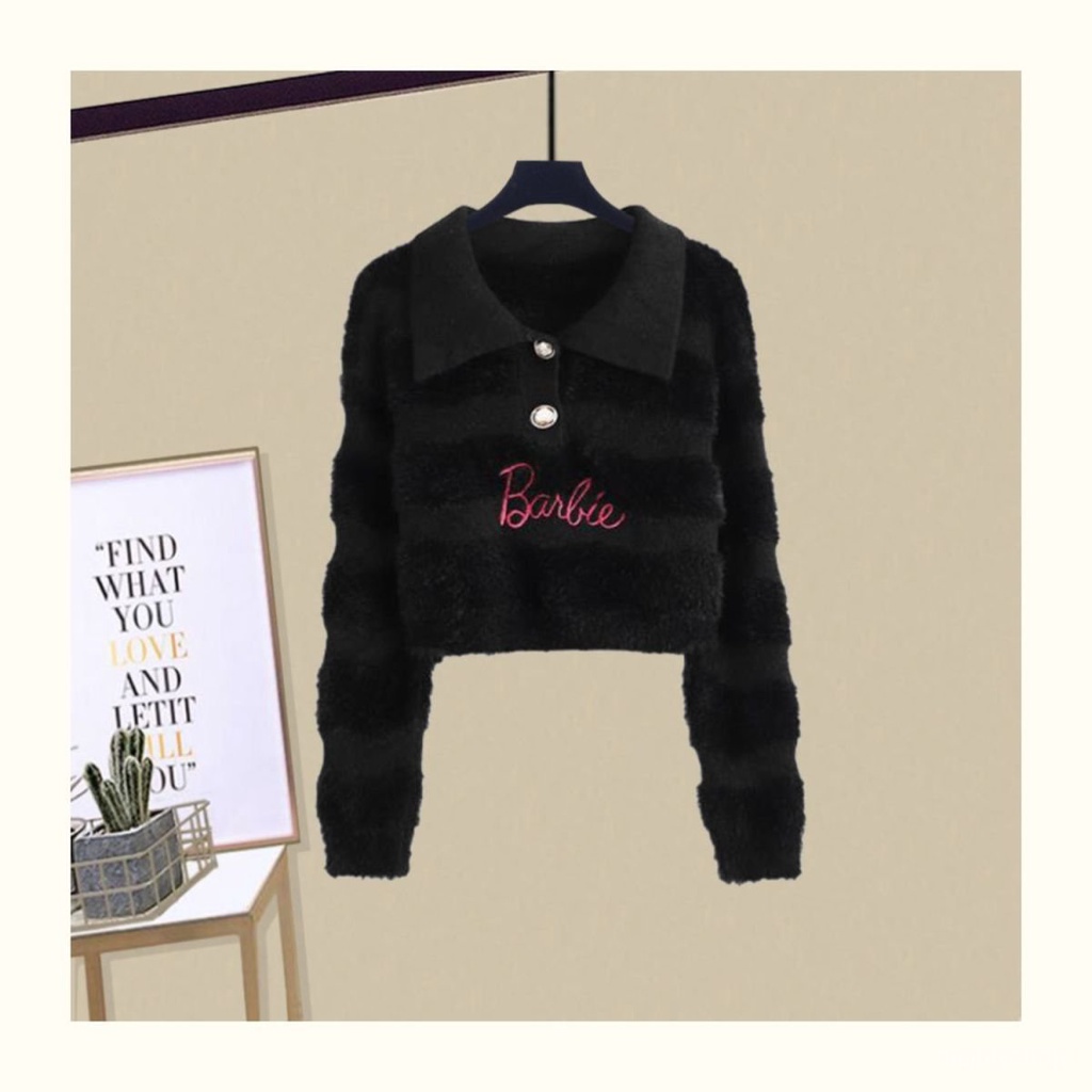 [✅BISA COD] #Sisjuly# Setelan jumper jeans jumper leher polo bergaris baru wanita set dua potong