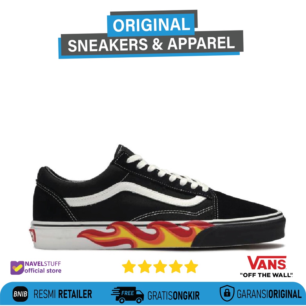 VANS Old Skool Classic Cut Out Flame Black White Sepatu Sneakers Original Resmi BNIB