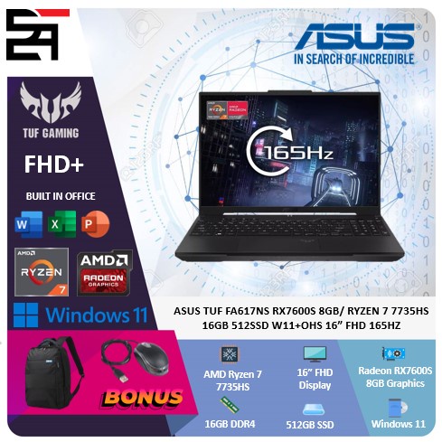 Asus TUF FA617NS RX7600S-8GB Ryzen 7 7735HS 16GB 512GB SSD W11 OHS 16 Inchi FHD 165Hz