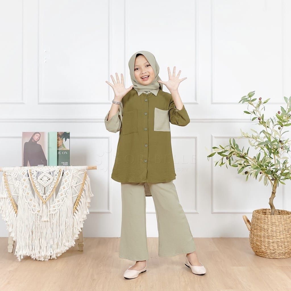 Setelan Anak Perempuan 10-12 Tahun Alexa Set Sage Olive Plus Hijab Baju Setelan Anak Celana Panjang Keika Oribelle One Set Crinkle