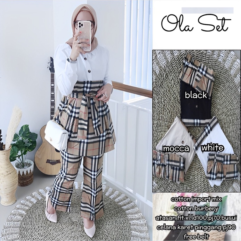 Ramdan Collection | Ola One Set Atasan + Celana Kombinasi Burberry Premium Setelan Blouse Wanita Busui Friendly Lengan Panjang Kekinian