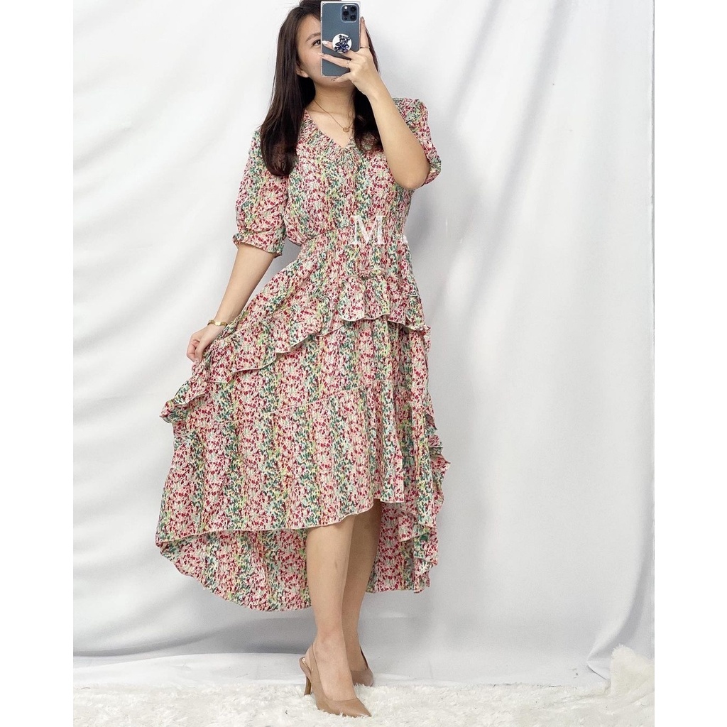 Dress Sydney Midi Dress Asimetris Korea V-Neck Motif Bunga
