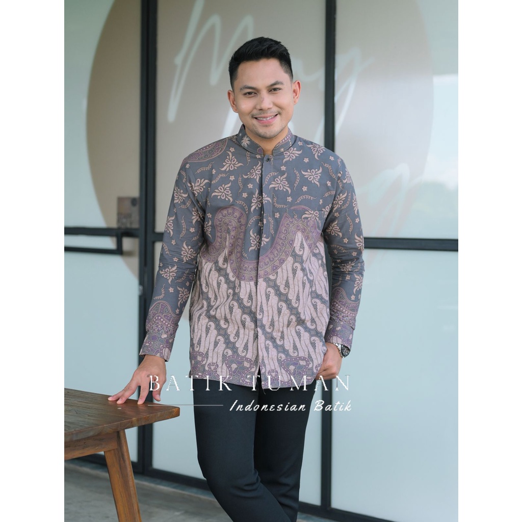 KOKO PASHA GREY MAUVE PASTEL Baju Muslim Koko Pria Lapis Furing Bahan Katun Halus Motif Batik Pria L