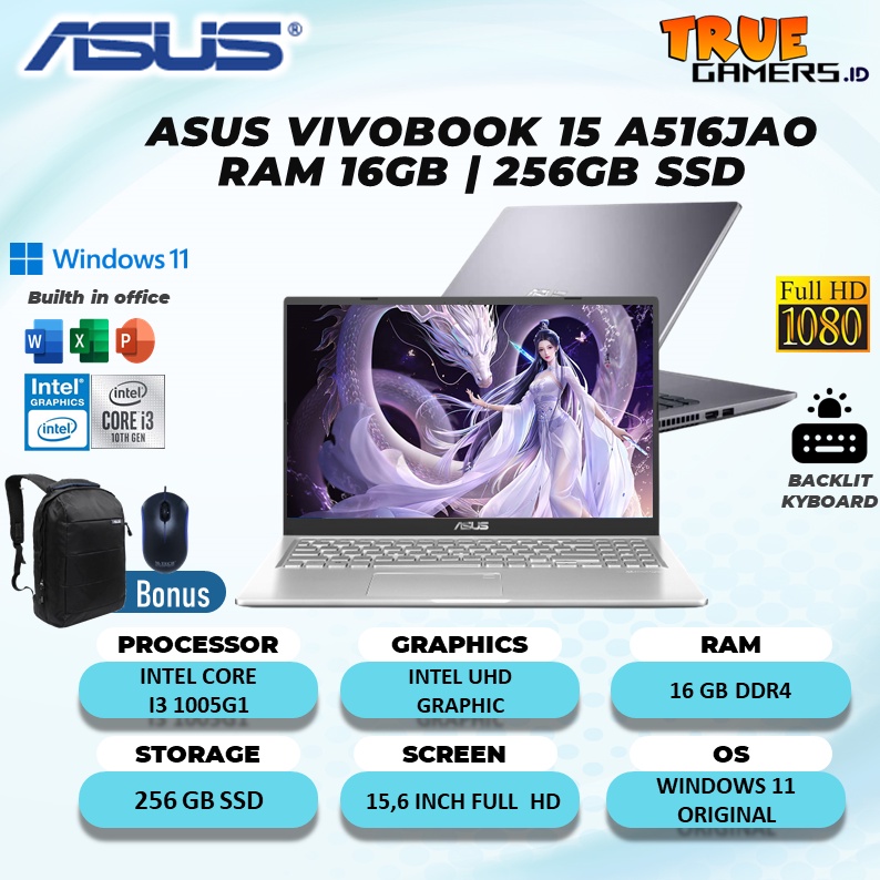 LAPTOP ASUS VIVOBOOK 15 A516JAO  I3 1005G1 16GB 256SSD W11+OHS 15.6 GARANSI RESMI