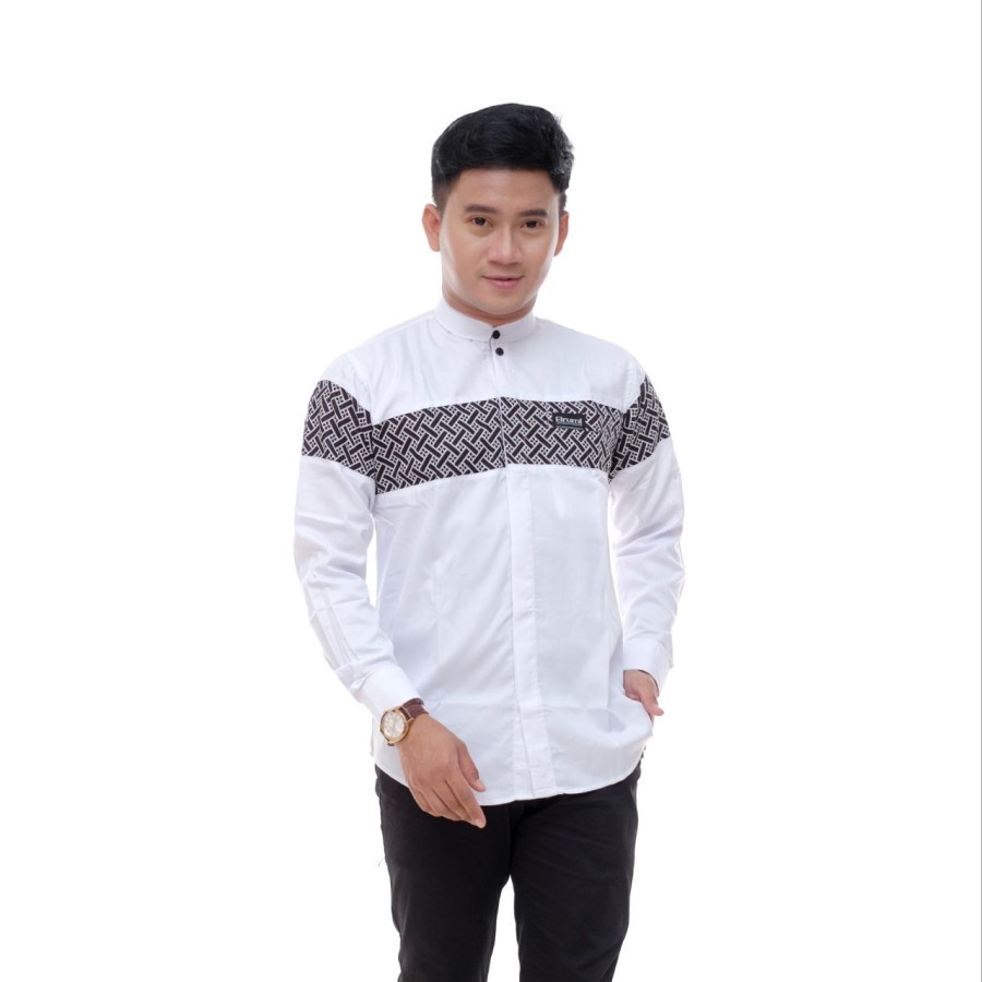 BAJU KOKO PRIA WARNA PUTIH KOMBINASI BATIK