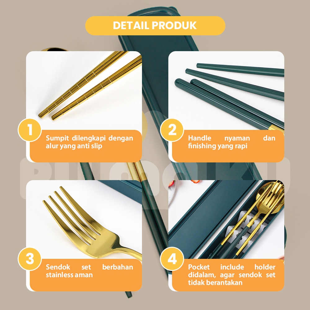 Rumaku Alat Makan Set 3 Pcs Stainless Steel 304 Sendok Garpu Sumpit Set Warna Emas dengan Kotak