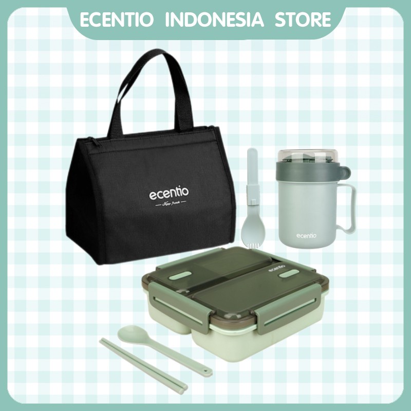 ecentio lunch box set tempat makanan 3 sekat anti tumpah/cangkir sup cup plastik tahan panas lengkap dengan hitam tas bekal bag