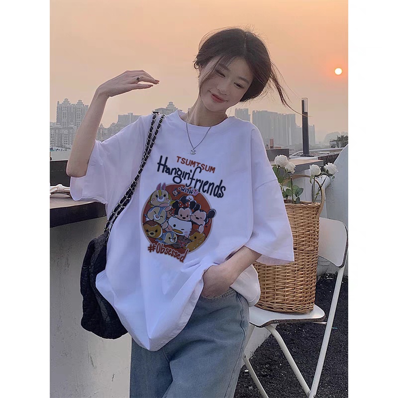 Kaos Couple Korean Style Oversize Letter and Cartoon Pattern Printing Lengan Pendek T-shirt Vintage Kaos Cream