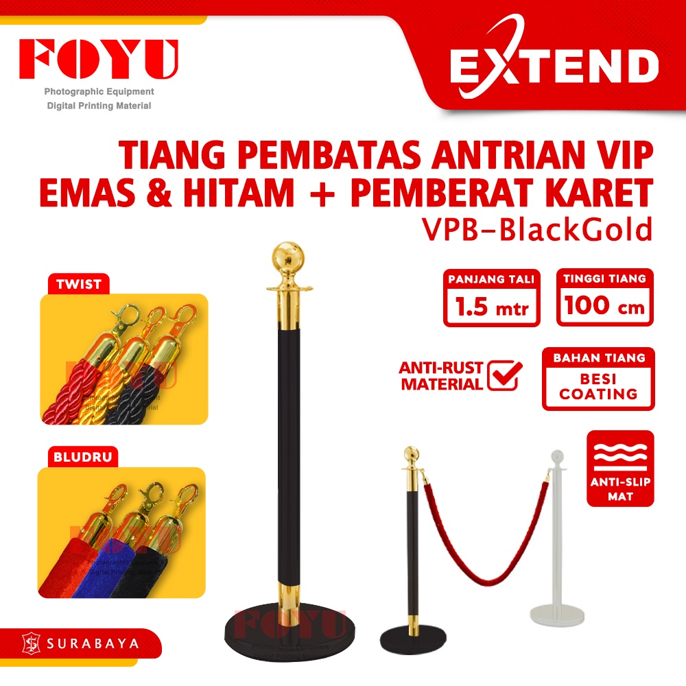 

Tiang Pembatas Antrian Antrean VIP Emas Hitam Besi Coating Queue Line Tali Bludru Velvet Twist Railing Stand Extend VPB-BlackGold