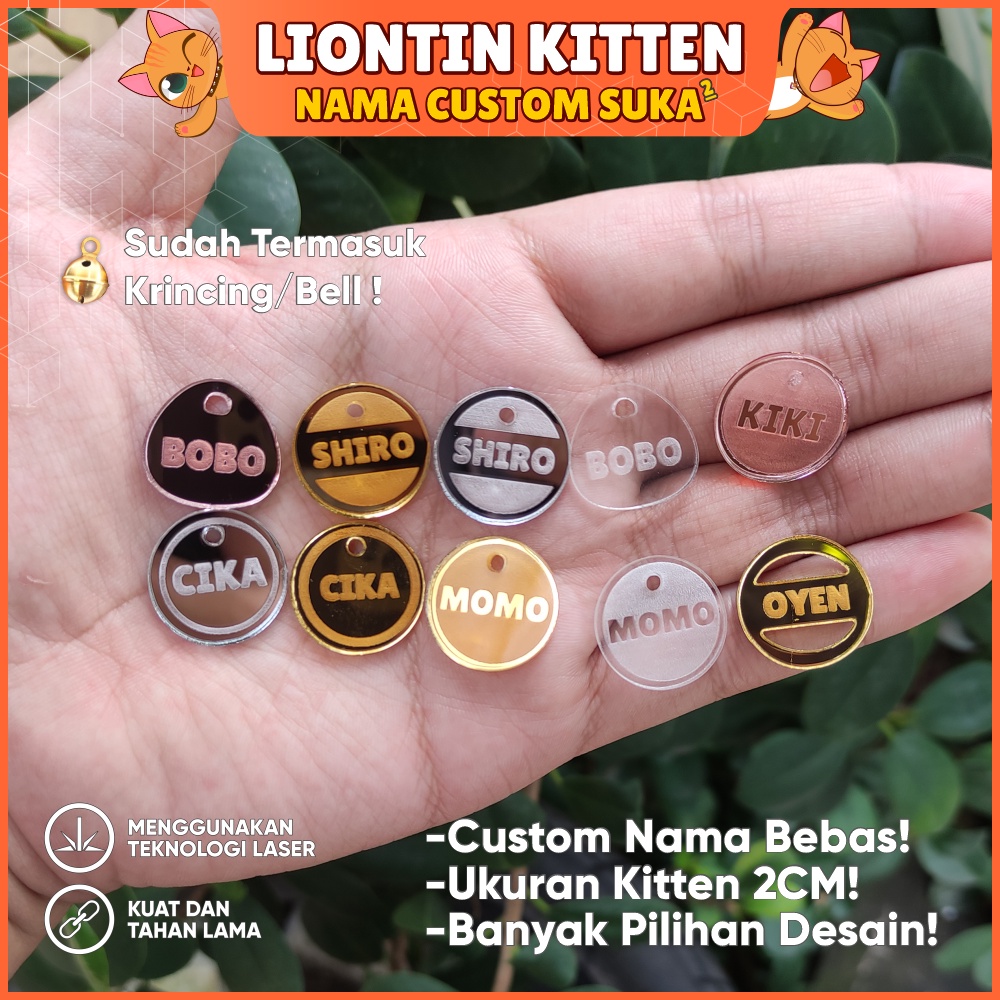 Kalung Akrilik ANAK KUCING NAMA ONLY Nama Kitten Custom MEWAH Grafir GOLD ROSE GOLD SILVER MURAH Desain Bebas Buatan Sendiri Hasil Grafir Laser Ukuran 2 cm Akrilik Kecil Murah