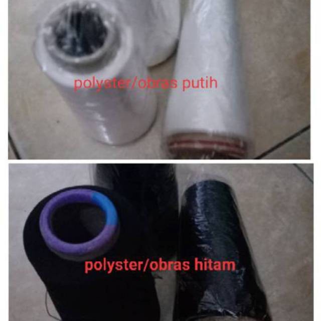 promo paket 1 kg isi 6 roll BENANG OBRAS - Benang Polister PUTIH HITAM