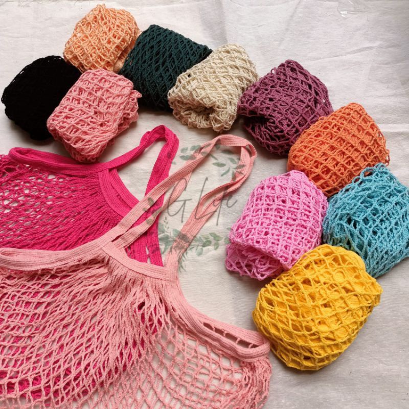Tas Belanja Jaring Katun, Tas Jaring Reusable, Tas Belanja Cotton Mesh Bag