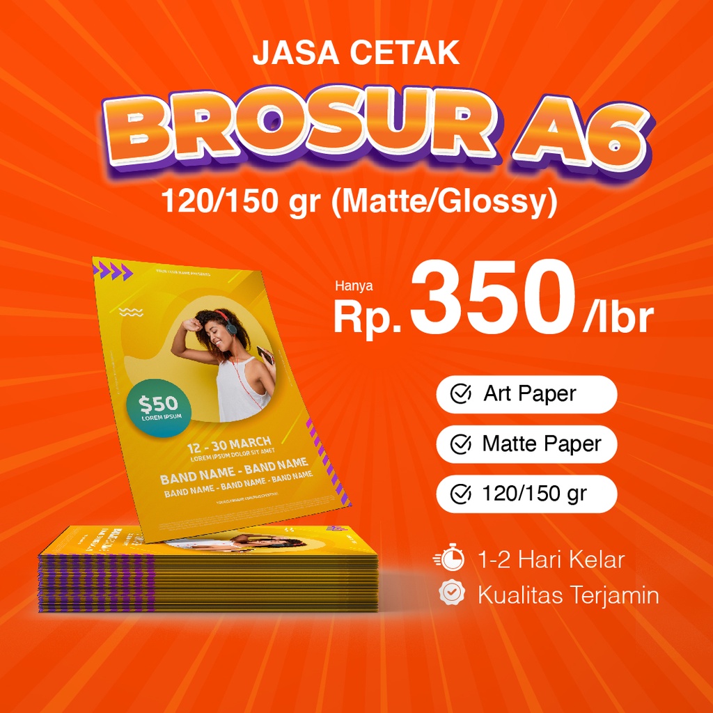 

Cetak BROSUR/FLYER ukuran A6 1 sisi/2 sisi, Art Paper 120/150 untuk Promosi, Perusahaan, Lembaga