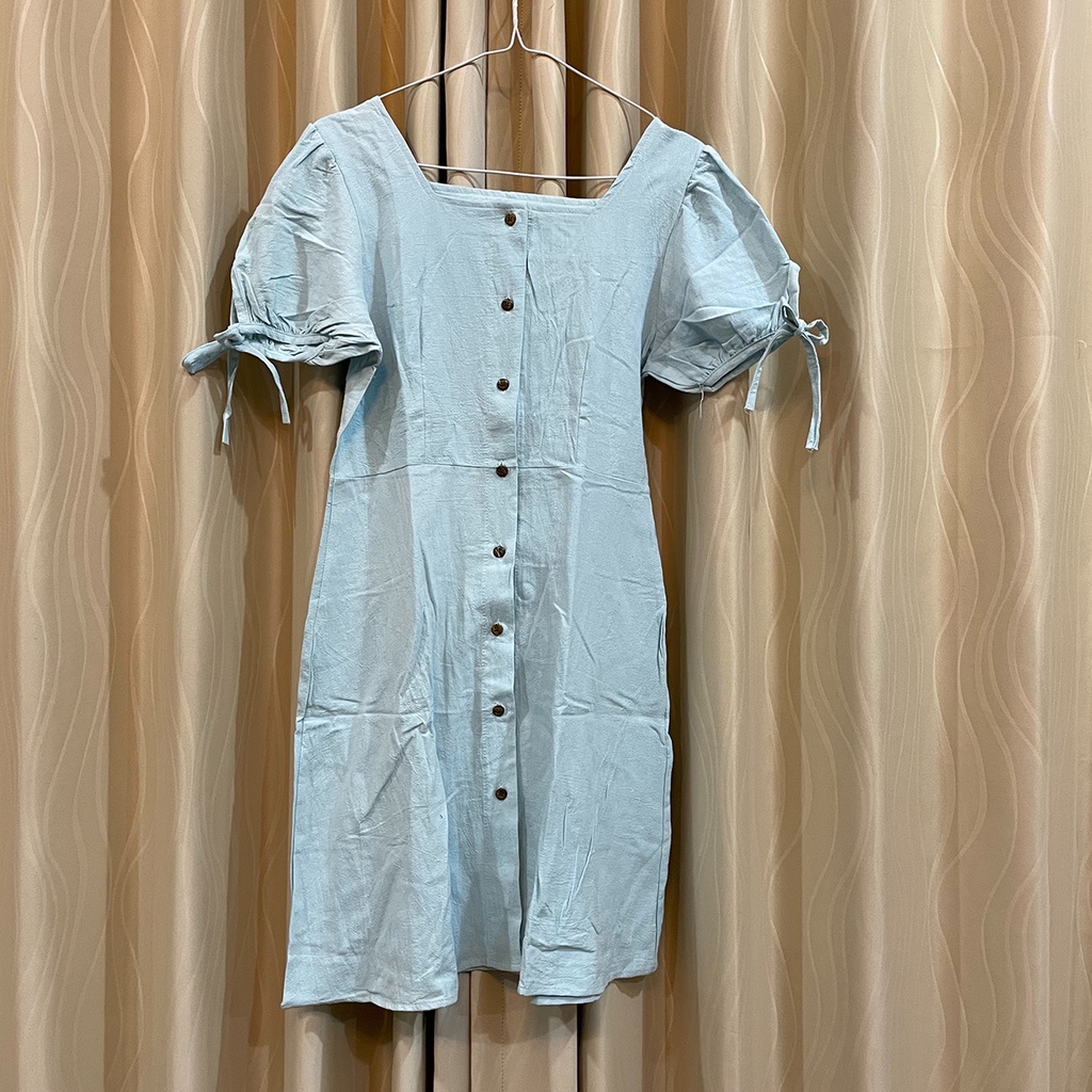 Dress Wanita ala Korea Kerah Kotak Lengan Berpita - Biru Muda