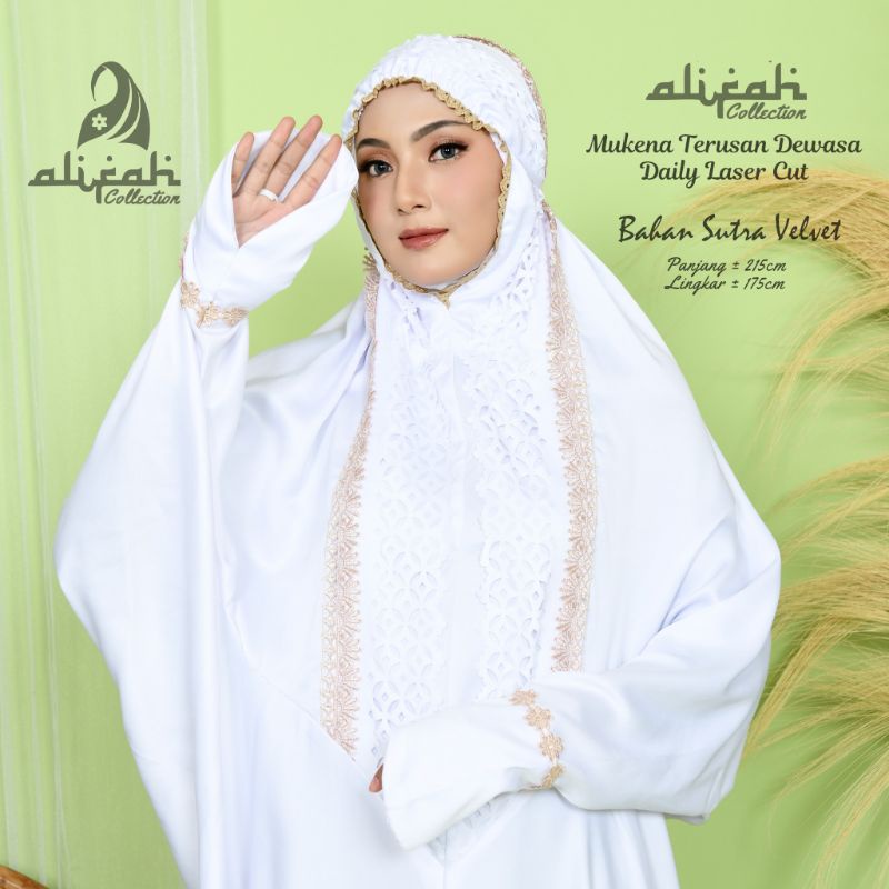 Mukena Terusan Dewasa Putih Sutra Velvet Lasercut