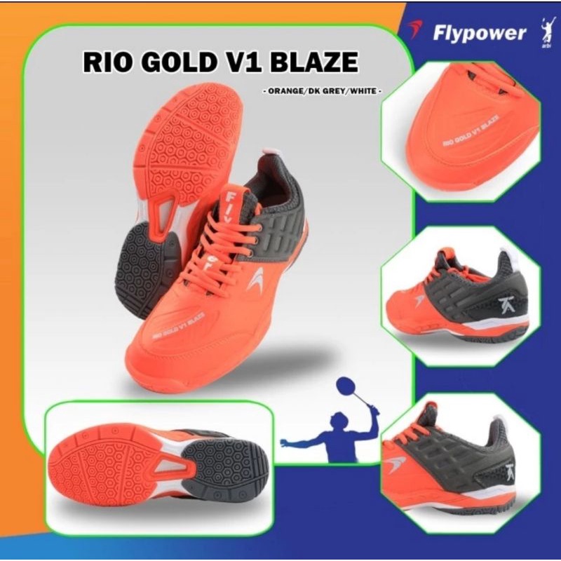 Sepatu badminton flypower rio gold v1 blaze orange grey