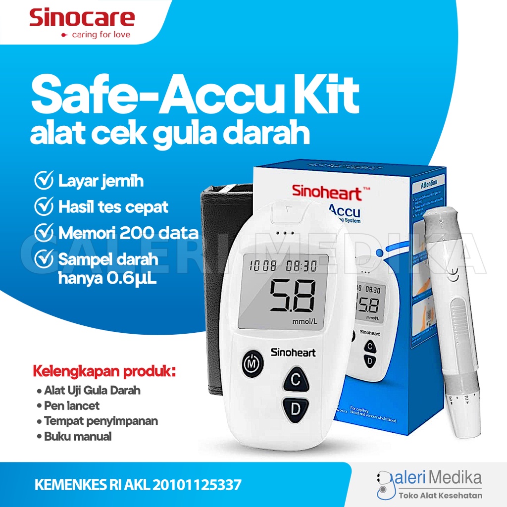 Sinoheart Safe Accu Alat Cek Gula Darah Glukometer / Alat Test Glukosa Sinoheart Safe Accu