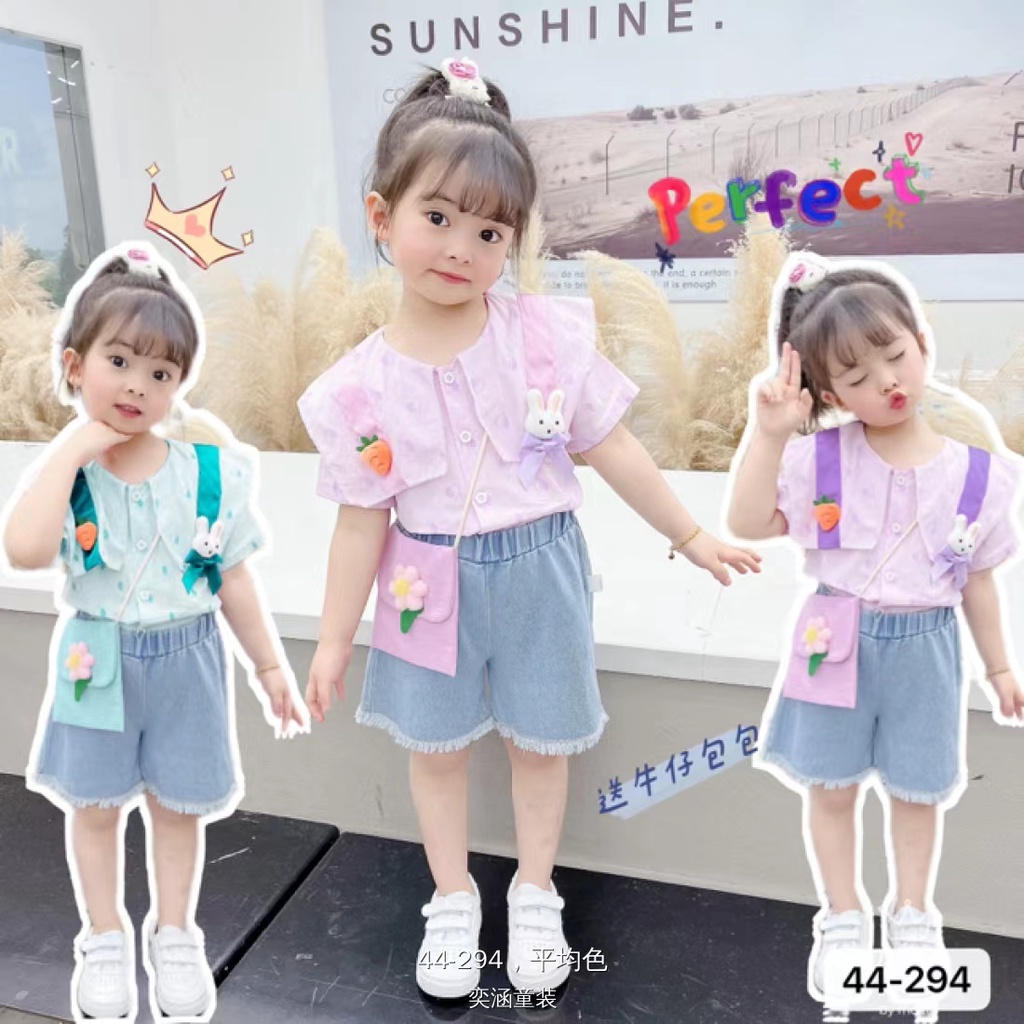 Setelan Celana Jeans Anak Perempuan Import Free Tas Bulu / Baju 2in1 Baby Cewek  / Setelan Bayi