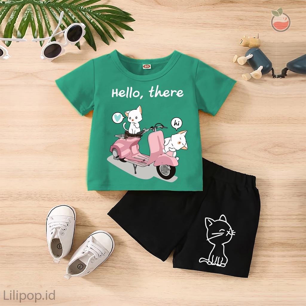 Baju Anak Stelan Kaos 3/4  CAT CUTE THERE Cowok Cewek  Usia 1 - 4 Tahun Celana Pendek Harian