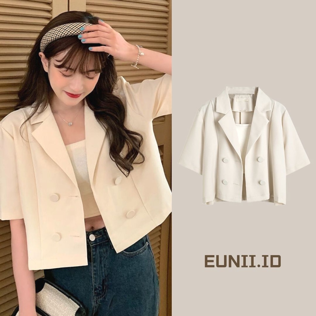 EUNII [3 warna]Jaket Crop Blazer Lengan Pendek Hitam Kasual untuk Wanita Korean Style