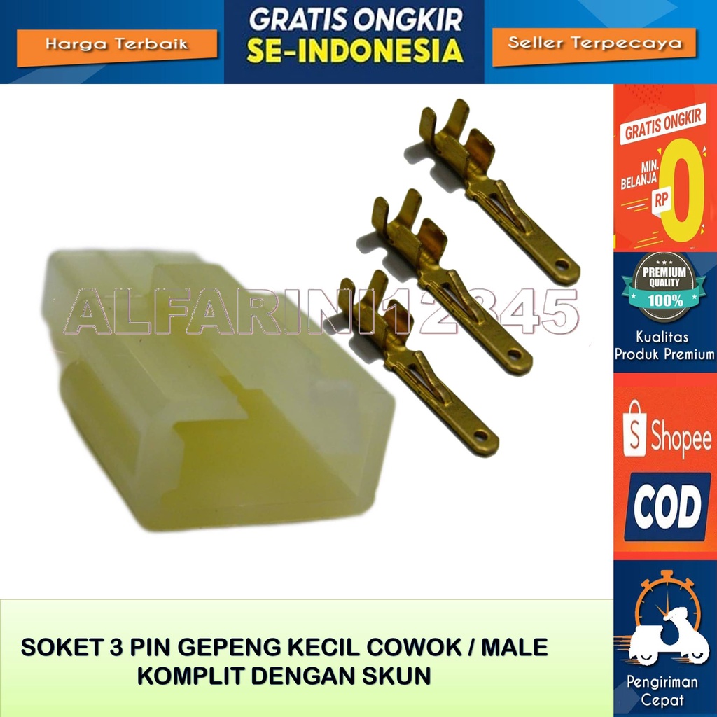 Soket Kabel Gepeng 3 Pin kecil Cowok Male Original Komplit Dengan Skun Bahan Nylon Tahan Panas Buat 