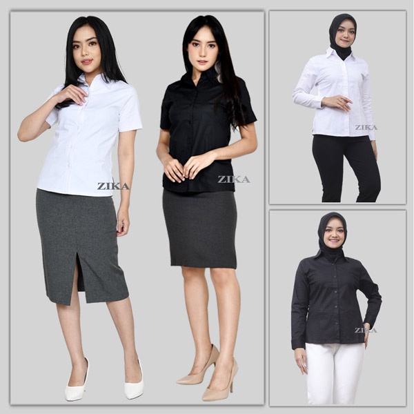 kemeja kerja wanita lengan pendek putih polos baju atasan cewek hitam panjang kantor formal bahan ka