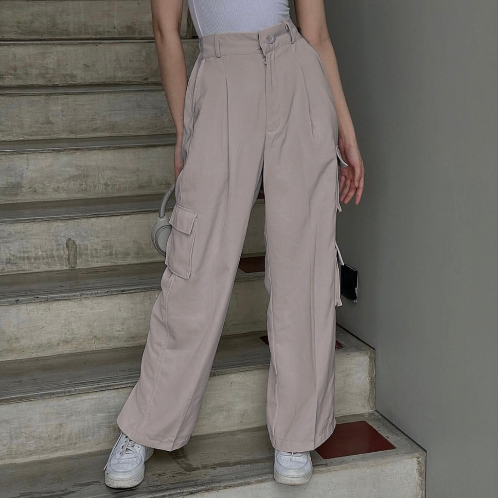 Celana Cargo Pants / Celana High Waist Loose Cargo Pants Delcy / Celana Kargo Wanita Highwaist HOPYLOVY