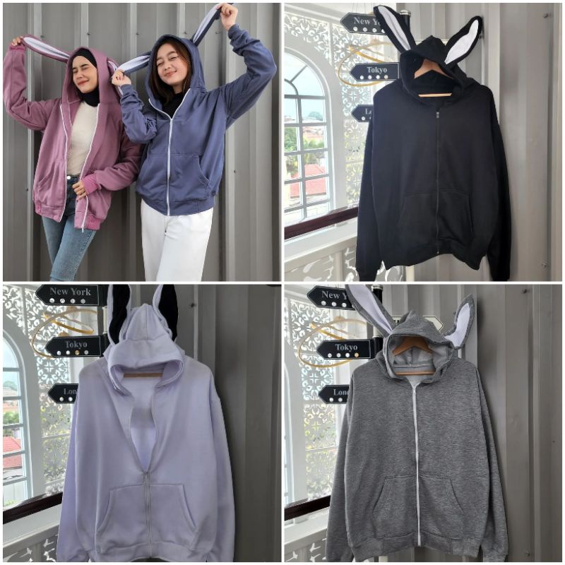 kelinci jacket zipper hoodie kuping panjang/zipper jacket wanita/long ear hoodie jacket/rabbit long 