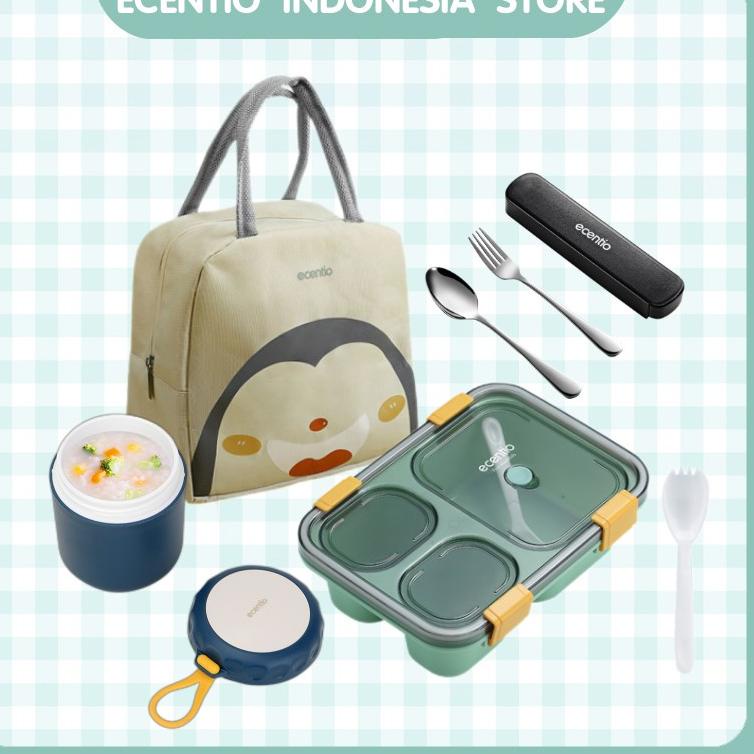 LANGSUNG KIRIM ecentio lunch box set 850ml/400ml Mangkuk sup set/kotak makan set/lunch bag set /free