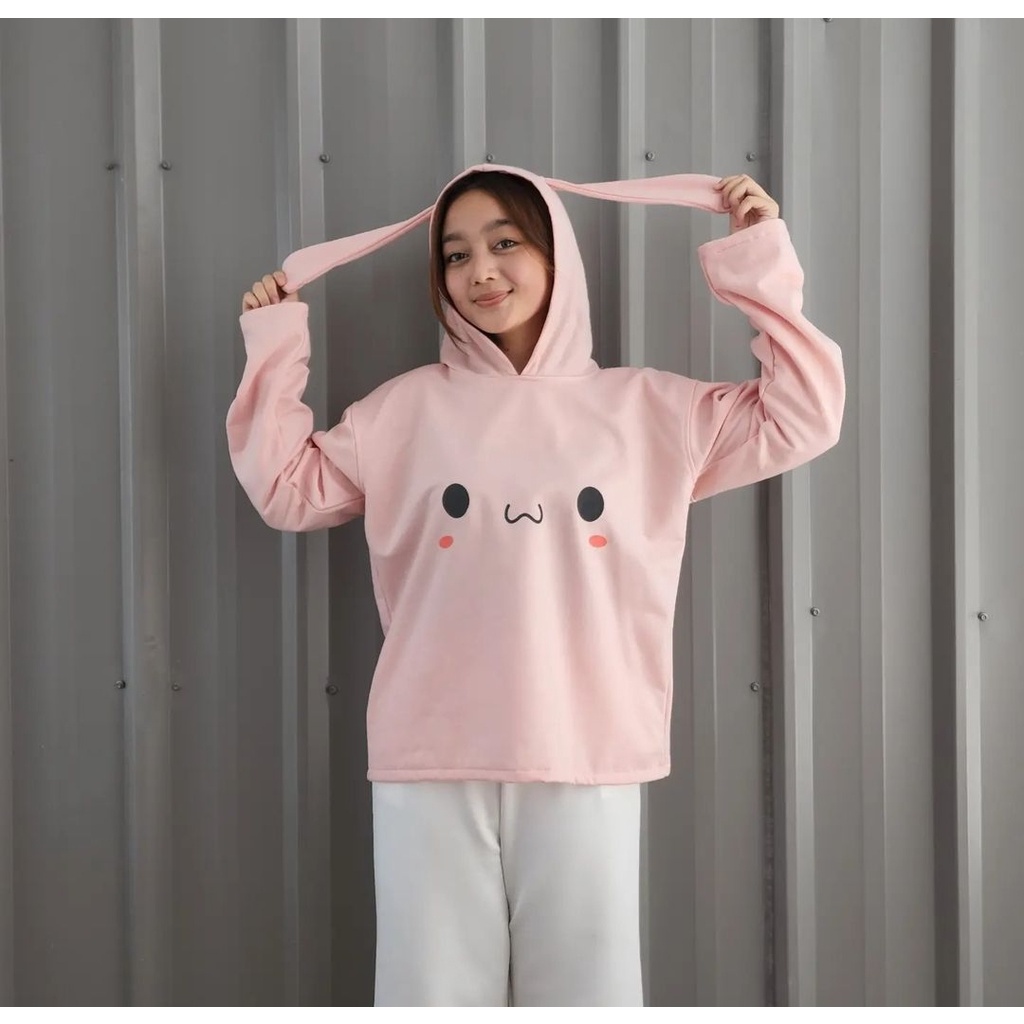 EAR RABBIT HOODIE WANITA BAHAN FLEECE KOREAN FASHION OUTFIT SANTAI KEKINIAN