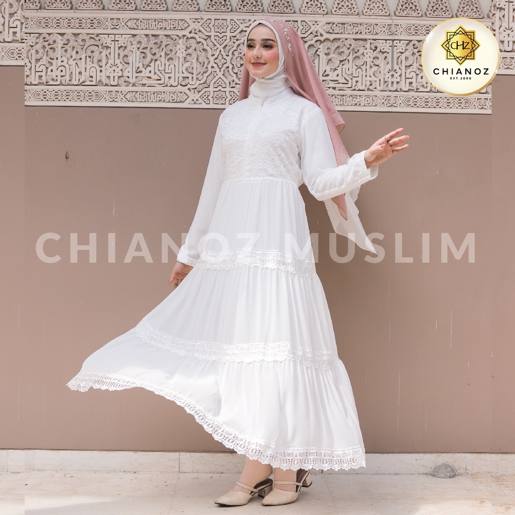 CHIANOZ Gamis Putih Mewah Amelia Dress Brukat Renda Baju Lebaran Umroh Haji Manasik Pesta Akad 220 504