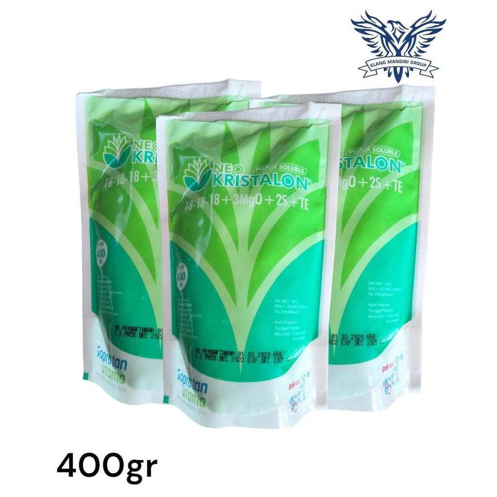 Pupuk NEO KRISTALON HIJAU 400gr Kemasan Pabrik Pak Tani Kandungan Bahan Mikro B 0.025%, Mo 0.004%, Cu 0.01%, Fe 0.07%, Mn 0.04%, Zn 0.025% Menjaga Keseimbangan Hara Tanaman