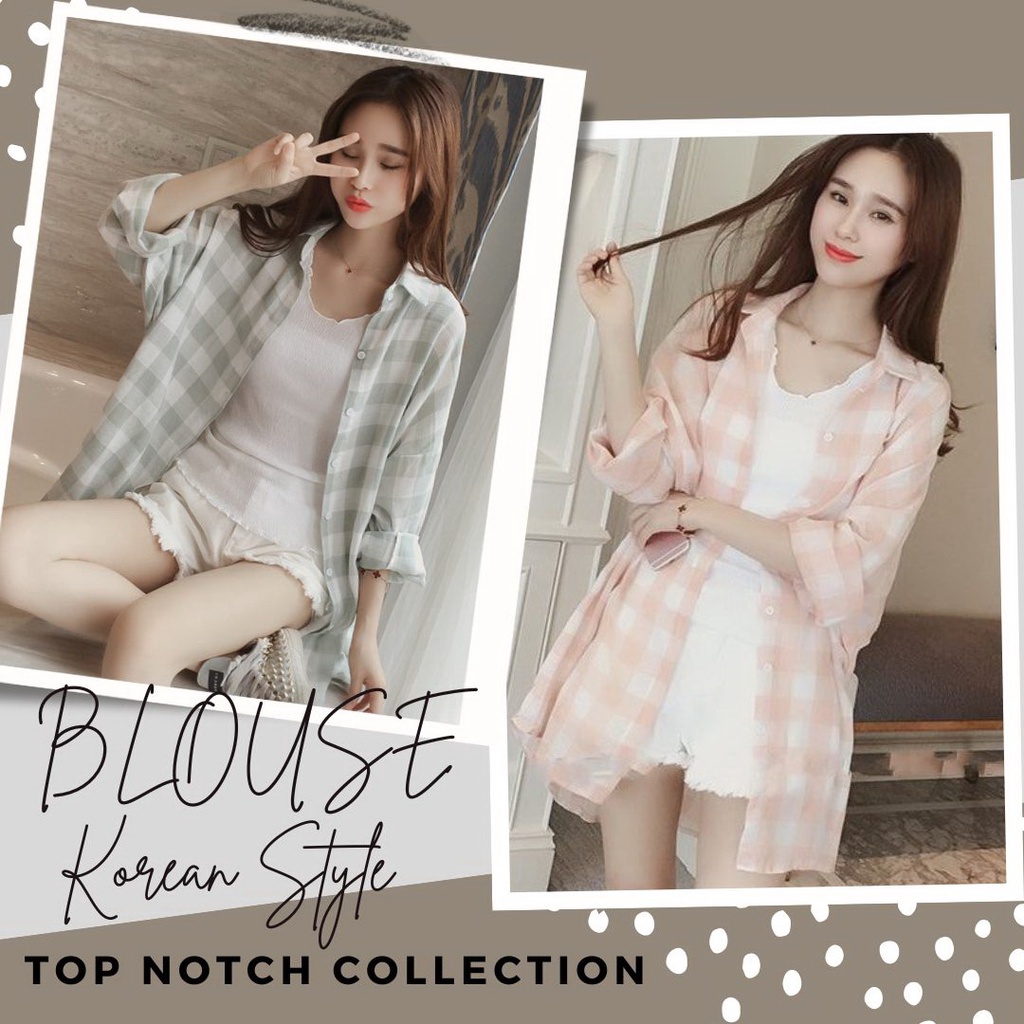 1106 Blouse Korean Style Kemeja Kotak Kotak Wanita Atasan Oversize Kemeja outer Wanita
