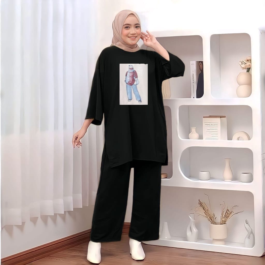 One Set Stelan Wanita Kekinian Sablon Jumbo Oversize Setcel Premium Top Basic Busui