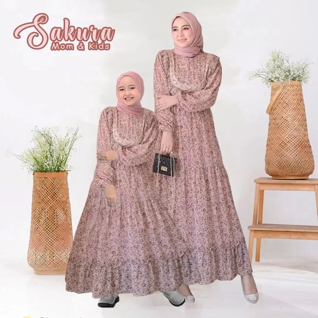 Gamis Couple ibu dan anak fashion muslim anak perempuan Sakura dress Gamis anak bunga kecil busui bahan cerruty gamis kondangan terbaru