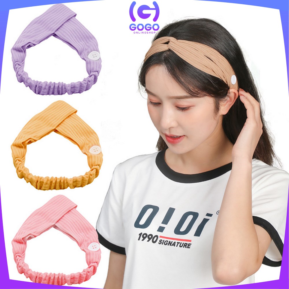 GOGO-C63 Bando Korea Wanita Motif Garis Salur Karet Elastis Dengan Kancing Pengait Masker / Headband Bendo Aksesoris Rambut Fashion Wanita Import