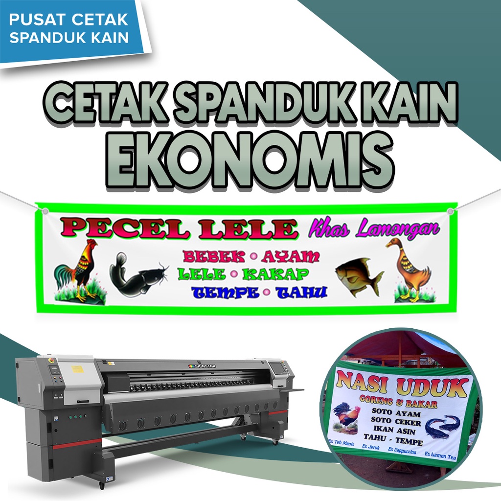 [TERMURAH] CETAK SPANDUK KAIN EKONOMIS PECEL LELE SARI LAUT NASI BEBEK NASI GORENG