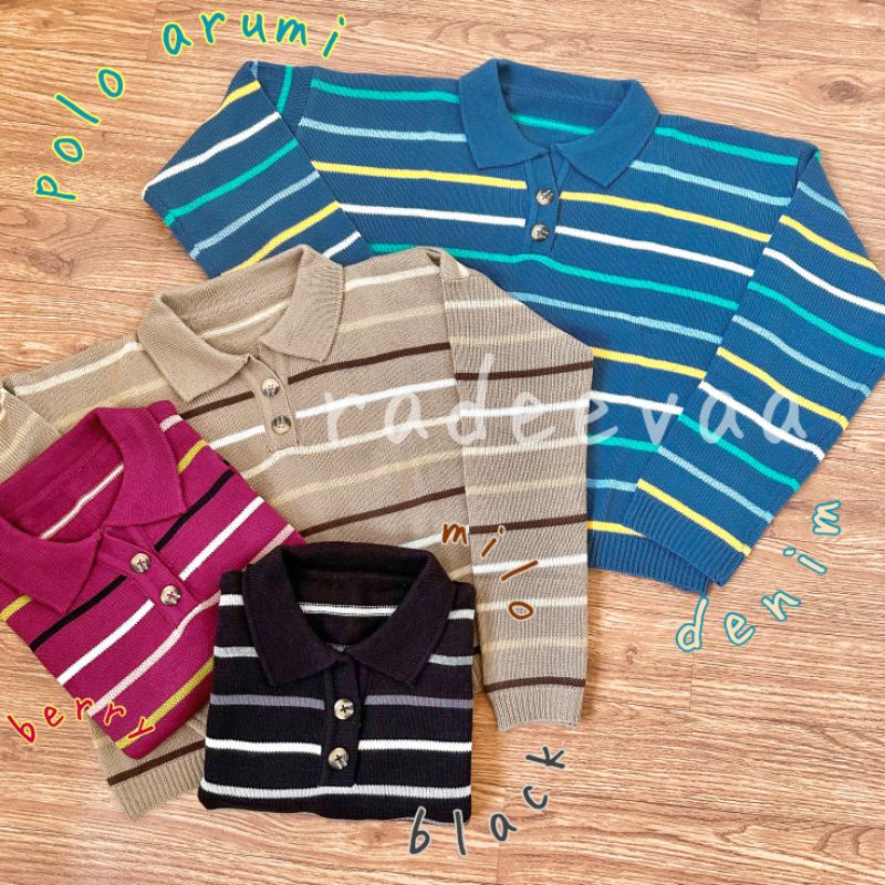 ATASAN RAJUT POLO ARUMI STRIPE KNIT TOP BLOUSE BERKERAH MOTIF GARIS